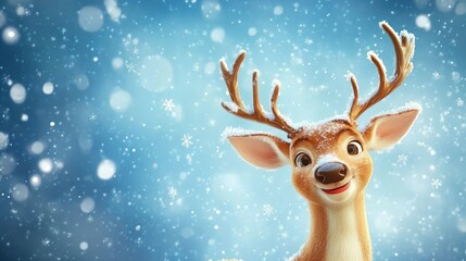 Portrait of a cute smiling happy cartoon Christmas deer. Festive blue background with snowflakes. Christmas magic time and New Year Eve concept. Copy space.
