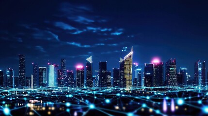 Obraz premium Futuristic city skyline at night with glowing lights and digital connectivity. Morden city and tech futuristic concept.
