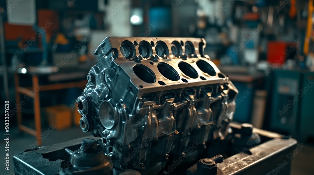 Poster close-up of a shiny engine block in a mechanic's workshop, showcasing industrial machinery and engin