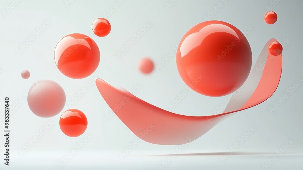 Poster abstract 3d rendering of red spheres and a curved shape floating in mid-air against a white backgrou