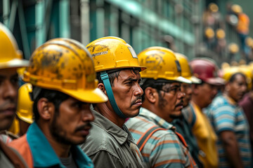 A group of construction workers wearing yellow hard hats