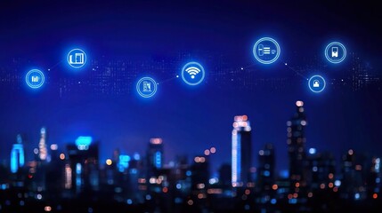 A smart city skyline at night with digital icons floating above it, representing the integration of technology and urban life, Morden city and tech futuristic concept.