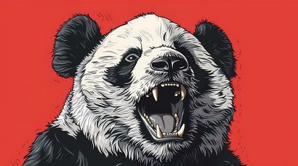 A fierce panda with sharp teeth and a loud roar against a red background.