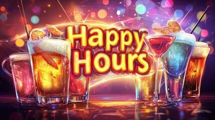 A vibrant happy hours banner showcasing clinking cocktail glasses and beer mugs with neon colors, perfect for a festive evening celebration at a lively bar or pub