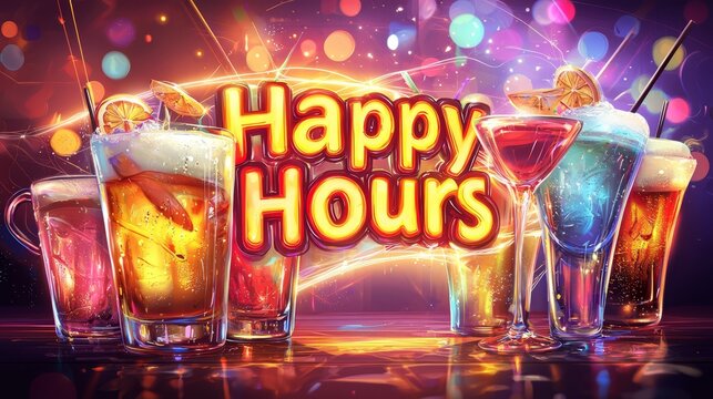 A vibrant happy hours banner showcasing clinking cocktail glasses and beer mugs with neon colors, perfect for a festive evening celebration at a lively bar or pub - Powered by Adobe
