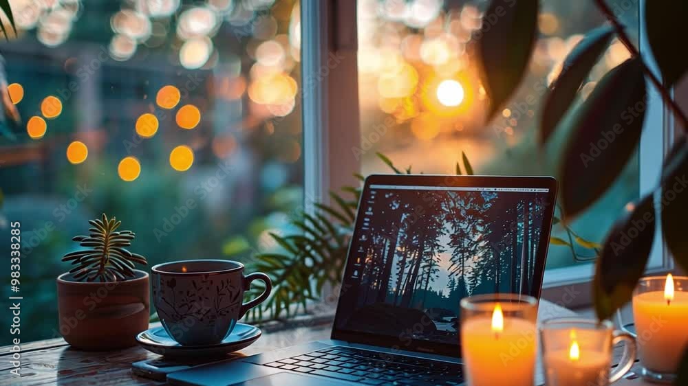 Poster a laptop is open on a rustic table beside a steaming coffee cup, with glowing candles illuminating t