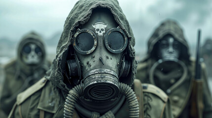 A group of people wearing gas masks and hooded jackets