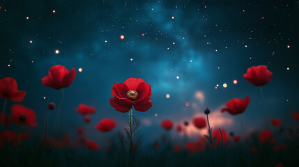 Fototapeta premium Flowers red poppy on the background of blue starry sky, night flower, shining lights