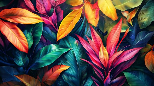 Exotic plants in bold rainbow colors. tropical layout mockup. background with painted leaves. minimal colorful jungle concept art. 3d render.