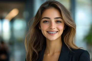 Fototapeta premium A Young Woman With Braces Smiles Confidently