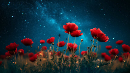 Obraz premium Flowers red poppy on the background of blue starry sky, night flower, shining lights