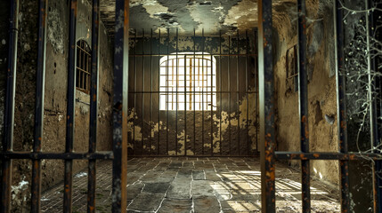 A jail cell with a window in the middle of it