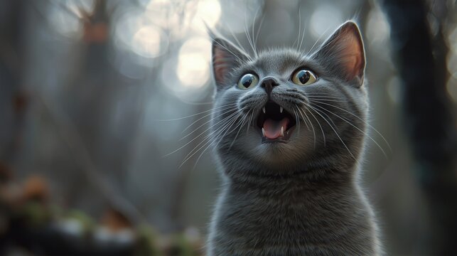 The gray cat looks up mewing and having widely opened a mouth.