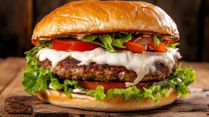 A large hamburger with cheese, lettuce and tomato on a wooden table, AI