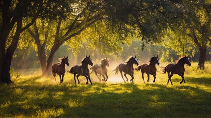 Majestic Horses Running Through Sunlit Forest