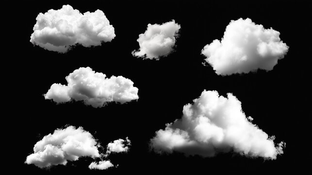 Set of white cloud isolated on black background.