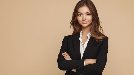 Full length studio portrait of young business woman. full length portrait of smiling attractive businesswoman in suit posing while standing with arms crossed and looking at camera isolated over beige.