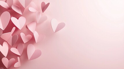 Paper pink hearts fly on soft pink color background border copy space. valentine day concept for design.