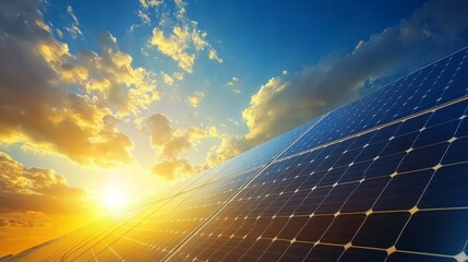 Beautiful Sunset Over Solar Panels with Dramatic Sky