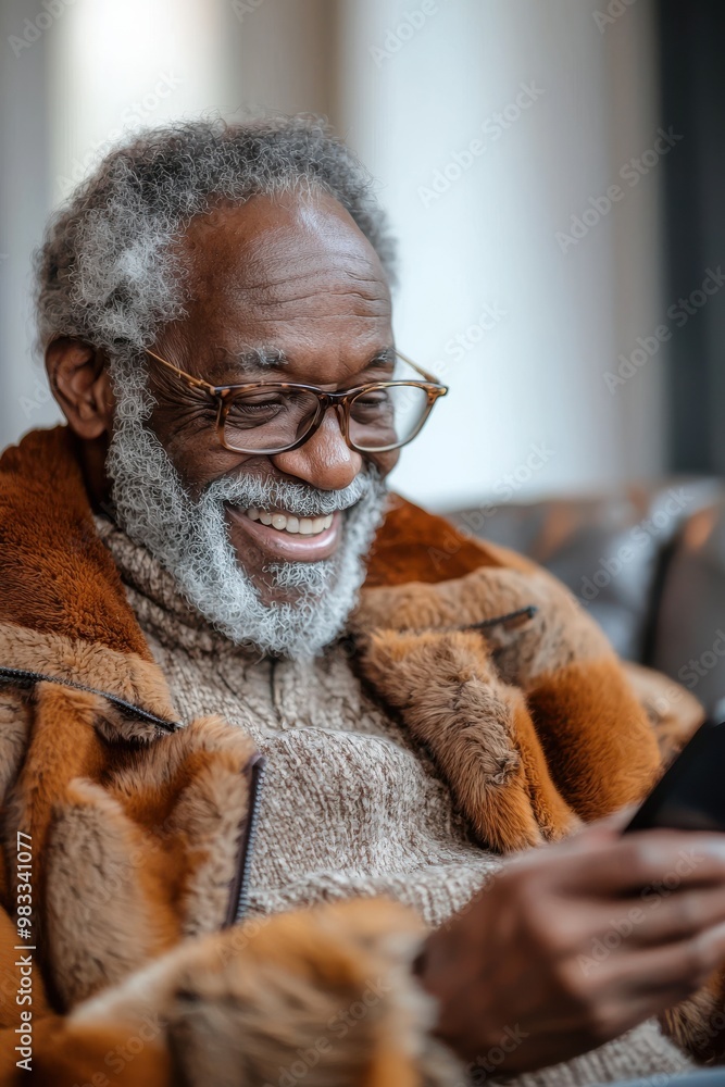 Poster elderly man with glasses smiling joyfully as he enjoys using a smartphone while relaxing indoors in 