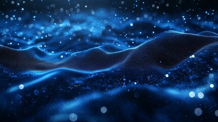 Abstract dark blue digital background with sparkling blue light particles and areas with deep depths particles form into lines surfaces and grids.