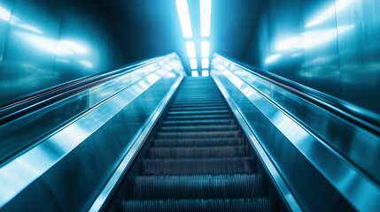 Blurred background metro escalator / light blue background movement city infrastructure subway.