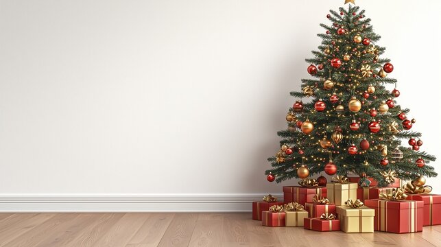 Big beautiful christmas tree decorated with beautiful shiny baubles and many different presents on wooden floor. white wall background with a lot of copy space for text. close up.