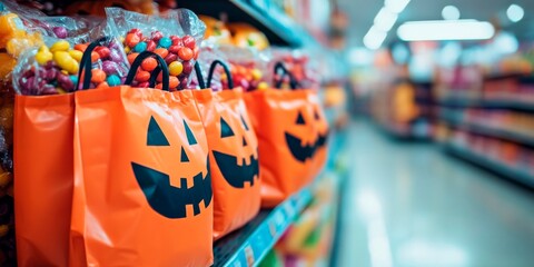 Halloween candy bags with pumpkin faces filled with colorful candies on a table in front of a blurred store shelf