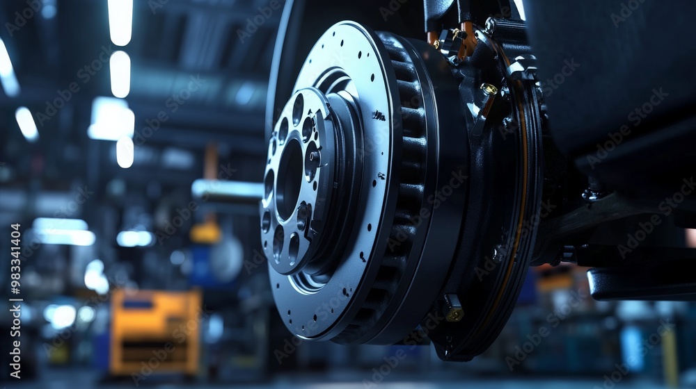 Poster close-up of an industrial machine part in a modern factory setting, showcasing engineering precision