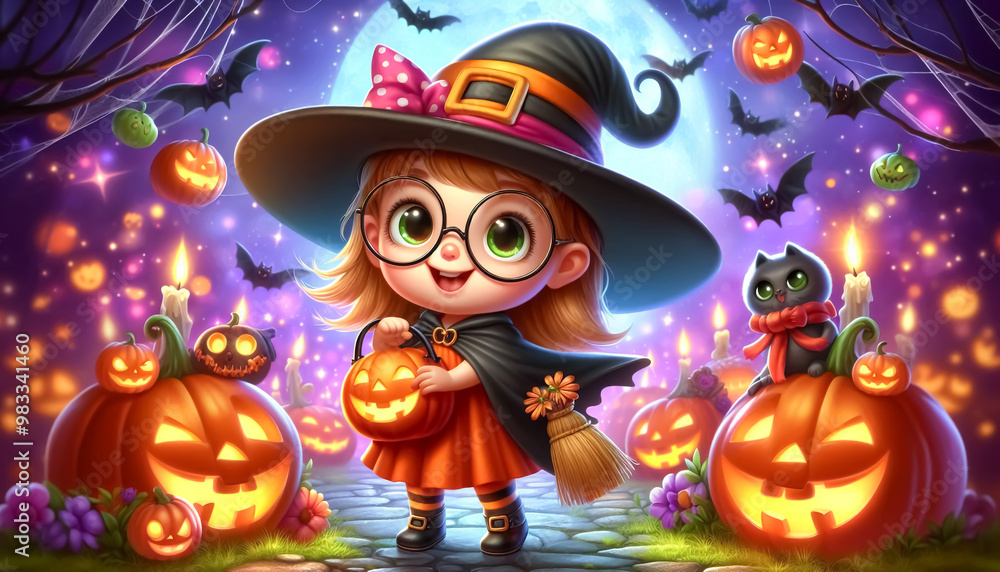 Wall mural Halloween time with a little cute witch cartoon