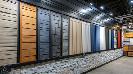 A fiber cement siding manufacturer's showroom, displaying a variety of colors and textures available for different climates and design preferences