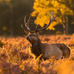 Red deer stag standing in heath with big antlers.