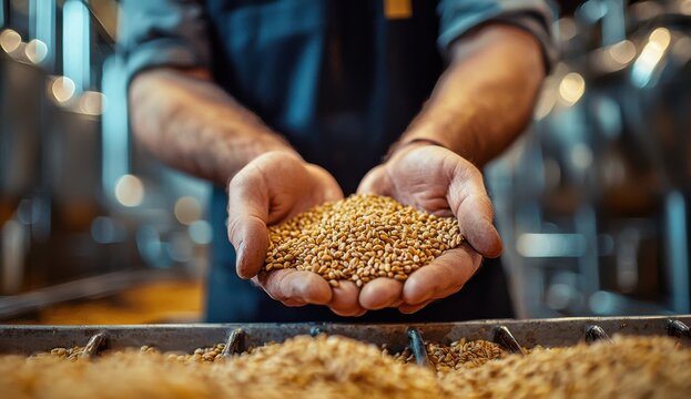 Close-up of a man holding grain in his hands inside a mill factory, emphasizing agriculture and harvest
