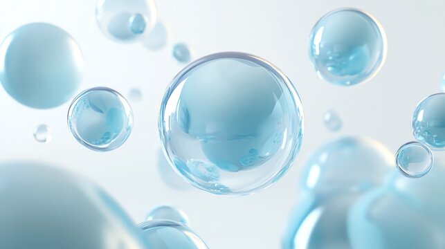 Close up of translucent blue bubbles floating on a white background.