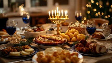 Naklejka premium A Festive Dinner Table Setting with a Golden Candelabra and Multiple Dishes of Food