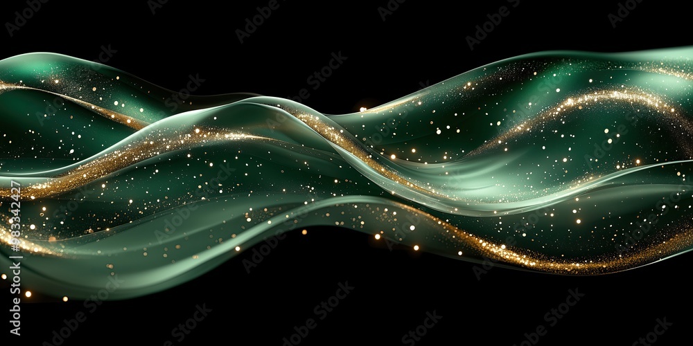 Poster abstract flowing waves in deep green and gold tones create sense of elegance and sophistication with