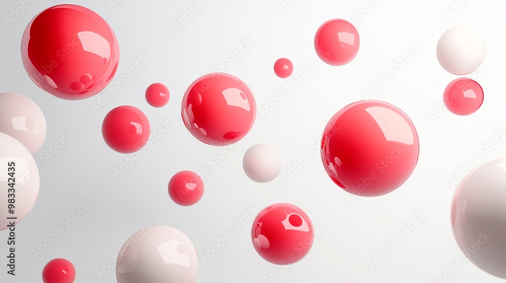 Poster abstract background of red and white glossy spheres floating in the air.