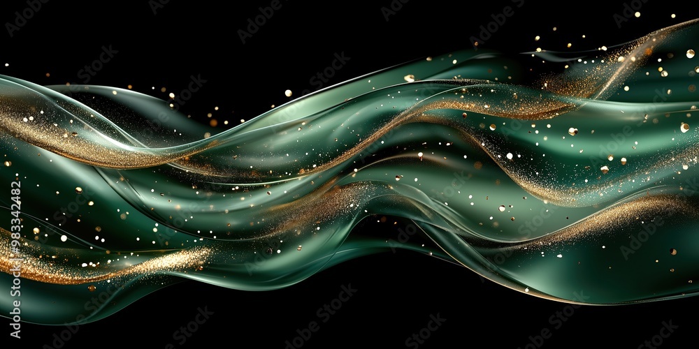 Poster elegant green wave flowing with golden sparkles on dark background represents movement and fluidity.