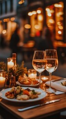 Fototapeta premium A wooden table topped with plates of food and glasses of wine