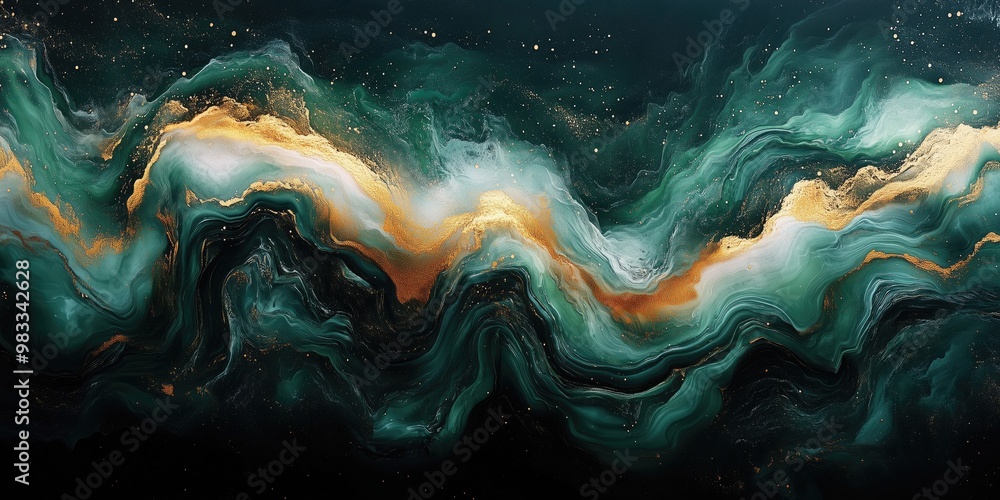 Aufkleber rich emerald green and gold abstract waves flow harmoniously in dark background showcasing elegant t