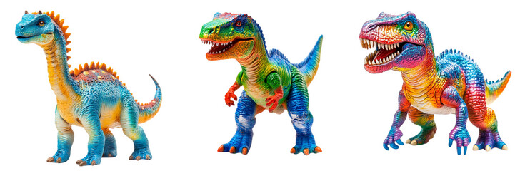 Naklejka premium et of toy dinosaurs in vivid colors isolated on transparent background