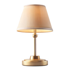 A stylish tabletop lamp with a beige shade and elegant gold base, isolated on transparent or white background.