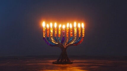 A Menorah with Nine Lit Candles on a Dark Background
