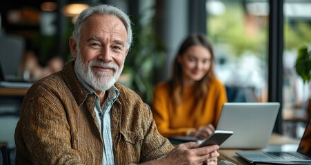 Portrait of a happy senior man in a casual outfit using a smartphone while sitting in a modern cafe with a young woman working on a laptop in the background