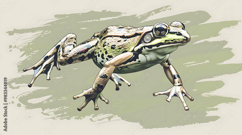 Wall mural A detailed illustration of a green frog with large eyes on a green brushstroke background.