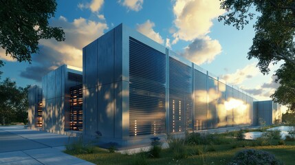Obraz premium A futuristic data center, armored with high-tech, fire-resistant fiber cement siding, designed to optimize thermal management and security