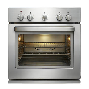 A modern stainless-steel oven with multiple controls and a spacious interior, ideal for baking and cooking various dishes. Isolated on transparent or white background.