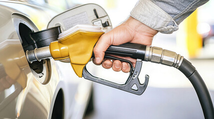man hand holding a gas pump nozzle and filling up a car at the station is using a fuel benzin