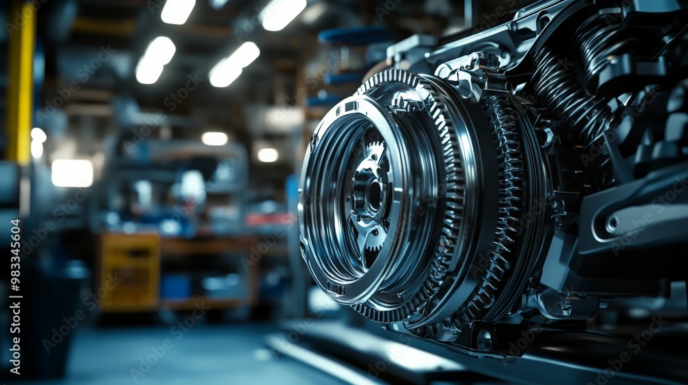Poster close-up of intricate machinery inside a factory workshop, showcasing metallic engineering parts wit