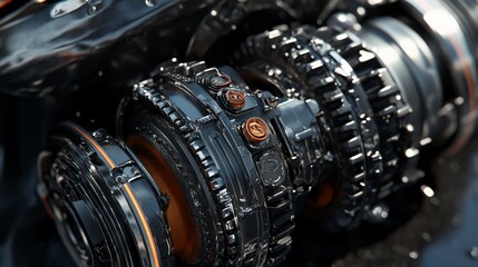 Close-up of intricate mechanical gears and cogs with detailed metallic textures, showcasing industrial design and engineering precision.